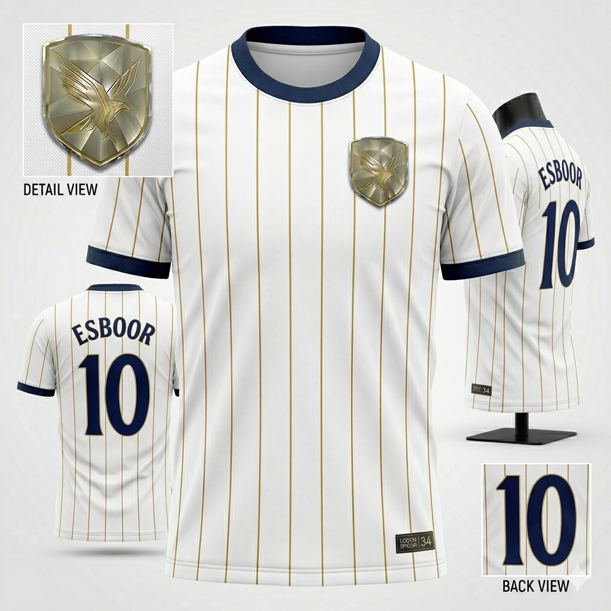 ESBOOR Men's Official Performance Soccer Jersey - White & Gold Pinstripe Training Shirt